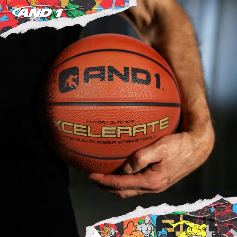 AND1 Xcelerate Rubber Basketball: Official Regulation Size 7 (29.5â€) Streetball, Made for Indoor/Outdoor Games (Basketball w/Pump, Orange Classic) - Image 3